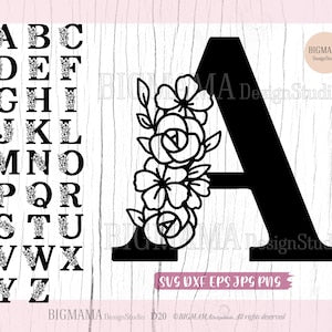 Floral alphabet letter A SVG with black block outline and white flower line art