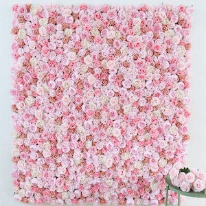 Pink 3D artificial flower wall panel with densely packed rose-style blooms