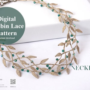 Gold-tone lace necklace with leaf charms and turquoise bead accents