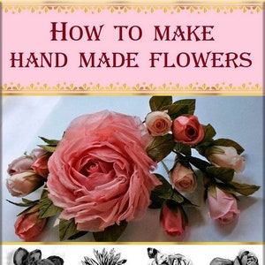 Handmade flower-making book cover with pink silk roses and green leaves illustration