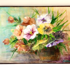 Varnished original floral painting with pansies and mixed blooming flowers
