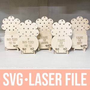 Laser-cut flower holder SVGs, dandelion jar tags set, white with polka-dot pattern