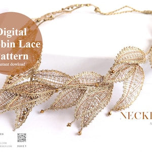 Beaded bobbin lace-style bracelet with gold mesh leaf pattern and dangling tassels