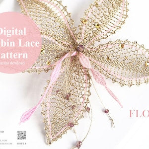 Digital bobbin lace flower pattern with pink ribbon and bead jewelry design