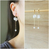 1 pair White resin flower and pearl hoop clip on earrings, non pierced earrings, gold dangle & drop earrings, floral earrings, gift for her