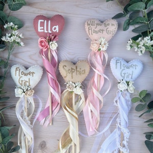 Flower girl heart wand gift with floral accents and pink/white ribbon name tags