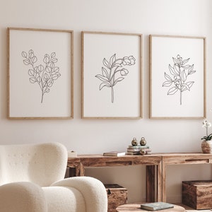 Set of 3 framed minimalist line art flower prints, black-and-white sketches