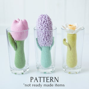 Crochet rattle pattern bundle for three spring plant toys: pink, purple, yellow