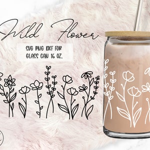 Wild flowers line-art design for 16oz glass can, SVG DXF PNG digital download