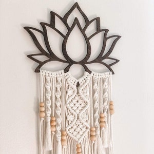 Macrame lotus flower wall hanging with cream fringe and bead details