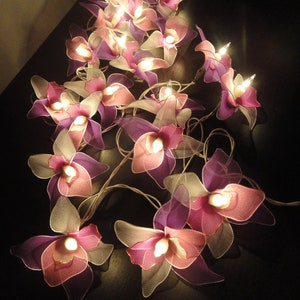 Orchid flower fairy string lights with pink and purple blossoms, warm LED glow