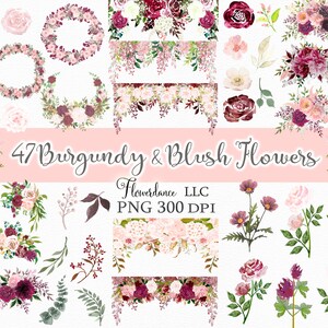 Watercolor floral clipart bundle with burgundy and blush bouquets, wreaths, and drops