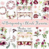 Burgundy and Blush Flowers PNG, Watercolor Floral Clipart 47 Piece Bundle has Bouquets, Wreaths, Drops and Elements, Small Commercial Use