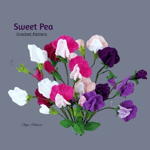 Sweet pea crochet flower pattern with pink and purple blossoms bouquet