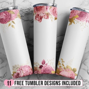 20oz skinny floral sublimation design set: white with pink roses and gold accents