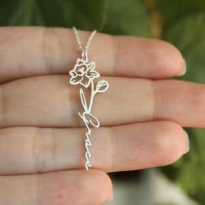 Sterling silver birth flower pendant necklace with floral vine charm