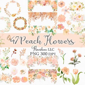 47 Peach Flowers PNG, Watercolor Floral Clipart Bundle Includes Bouquets, Wreaths, Drops and Elements, Small Commercial Use