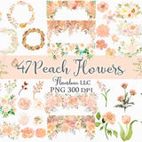 47 Peach Flowers PNG, Watercolor Floral Clipart Bundle Includes Bouquets, Wreaths, Drops and Elements, Small Commercial Use