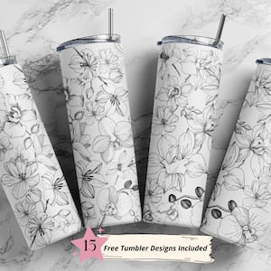 Floral line-art wrap design for 20 oz skinny straight tumbler