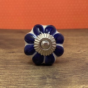 8 Sided Navy Blue White Flower Cupboard Door Knob | Drawer Pull | Drawer Handle | Cabinet Knob | Silver Gold