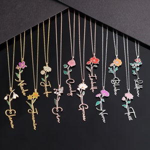 Gold-tone necklaces with colorful flower name pendants, assorted styles and charms