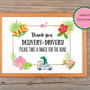 Delivery driver thank-you sign printable with tropical flowers and “Thank you” text