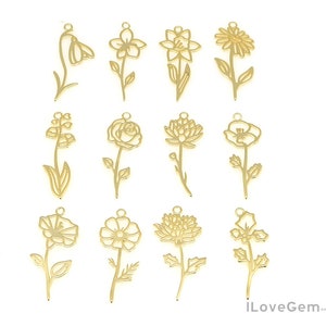 Gold-plated flower silhouette pendants, assorted floral shapes