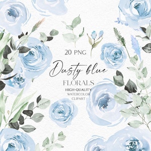 Watercolor dusty blue rose floral clipart with leaves, set of 20 PNGs