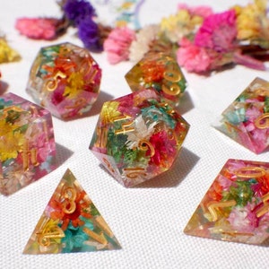 Handmade flower dice set with clear resin and multicolor dried flowers, assorted shapes
