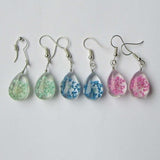 Real dried flower in clear glass droplet dangly earrings with silver - gold plated hooks Free UK delivery