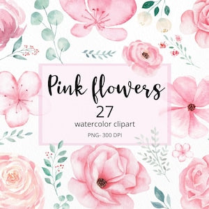 Pink floral watercolor clipart with greenery leaves and flowers, 27 botanical elements