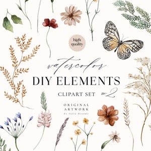Watercolor floral clipart set with wildflowers, leaves, and butterfly