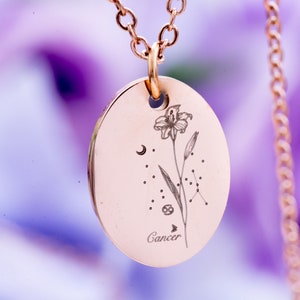Zodiac flower pendant necklace with round rose-gold disc, floral Cancer engraving, chain