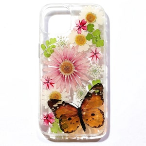 Pressed flower phone case with orange butterfly and pink, yellow, and green flowers