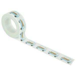 Washi tape roll with light blue illustrated delivery motifs on a printed strip