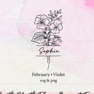 Violet flower bouquet frame SVG with line-art blossoms and 'February • Violet' label