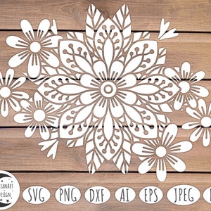 Floral mandala SVG design with layered white flowers and leafy filigree