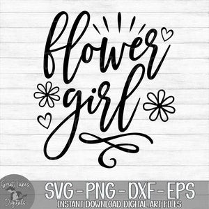 Flower girl lettering graphic with hearts and flowers in black script style