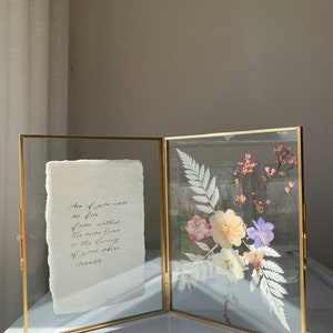 Double pressed flower floating frame, gold open design with calligraphy card and pressed florals