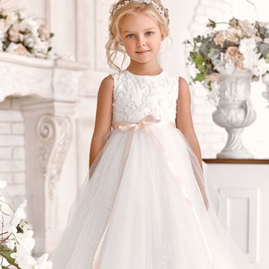 White lace bodice tulle flower girl dress with satin bow belt