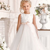 White lace bodice tulle flower girl dress with satin bow belt
