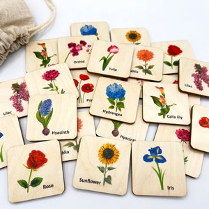 Wooden flower memory game cards with colorful flower illustrations, set of matching pieces