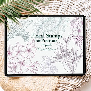 Digital floral stamp brushes sheet with botanical flower and leaf line art on tablet
