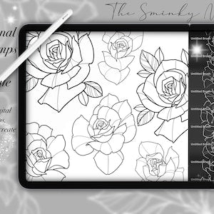 Rose line-art tattoo design stamp set with multiple floral outlines