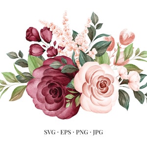 Watercolor-style bouquet of pink and burgundy roses with green leaves