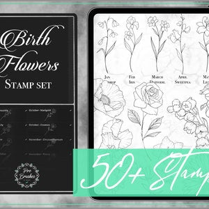 Procreate birth flower stamp sheet with line-art flowers and month labels