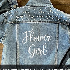 Toddler girl denim jacket with 'Flower Girl' vinyl and pearl trim accents