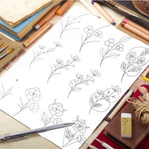 Printable flower doodle worksheet with black line-art florals and leaves for journaling