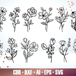 Floral SVG bundle with black line-art flowers and botanical stems