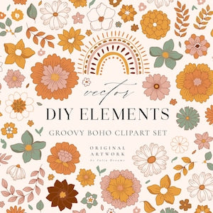 Boho flower clipart set with rainbow peace and floral DIY elements typography
